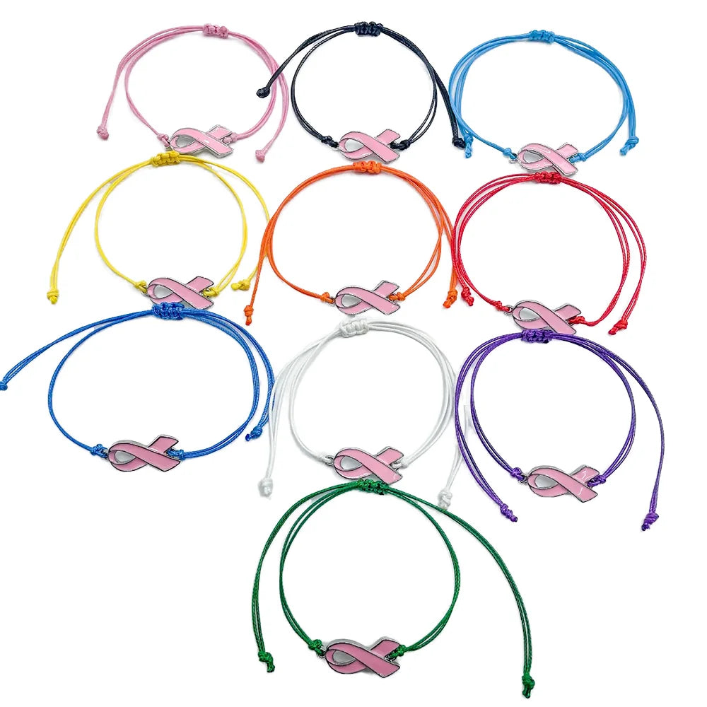 Fashion Wholesale Pink Ribbon Charm Adjustable Multiple Colors Cord Bracelet Breast Cancer Awareness Bracelets