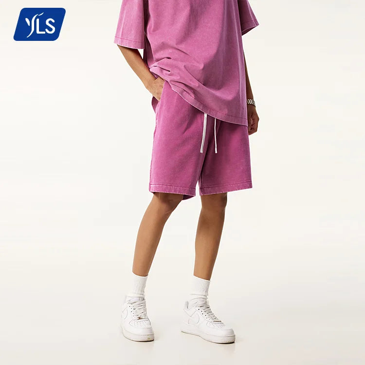 YLS2018 330GSM 100% Cotton French Terry Men's Elastic Waist Shorts Snow Wash Oversized Design Your Own Summer Shorts Homme Sport