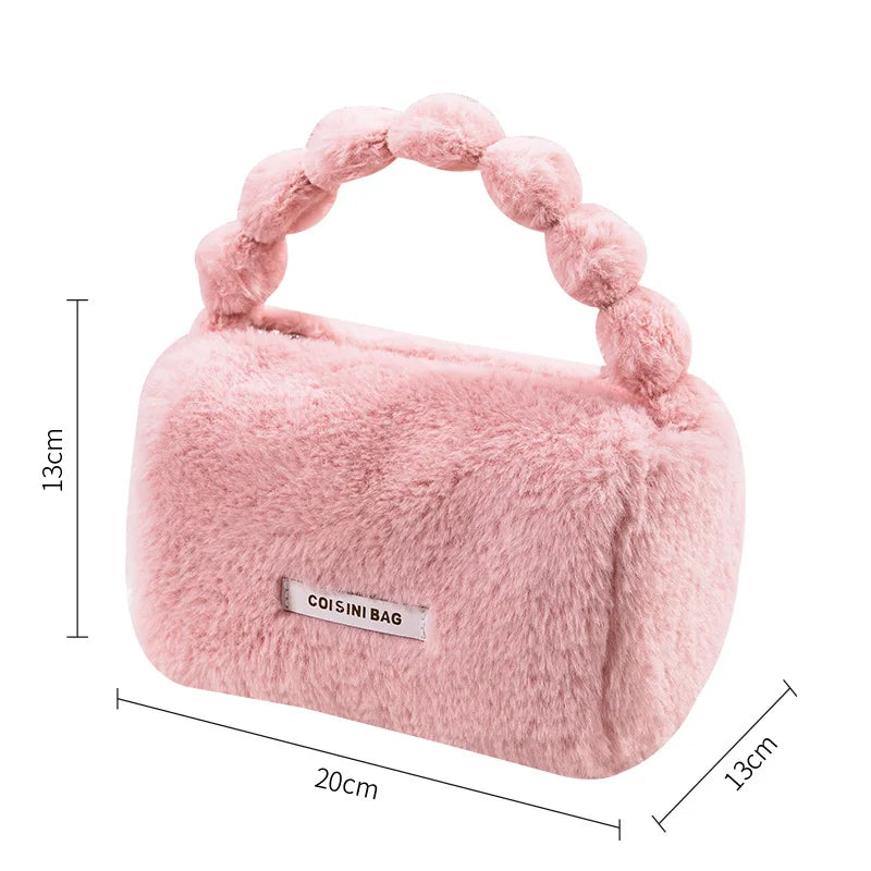 Cute Striped Logo Plush Makeup Bag Portable Winter Mobile Phone Cosmetic Storage Zipper Closure Polyester Travel Skincare Case