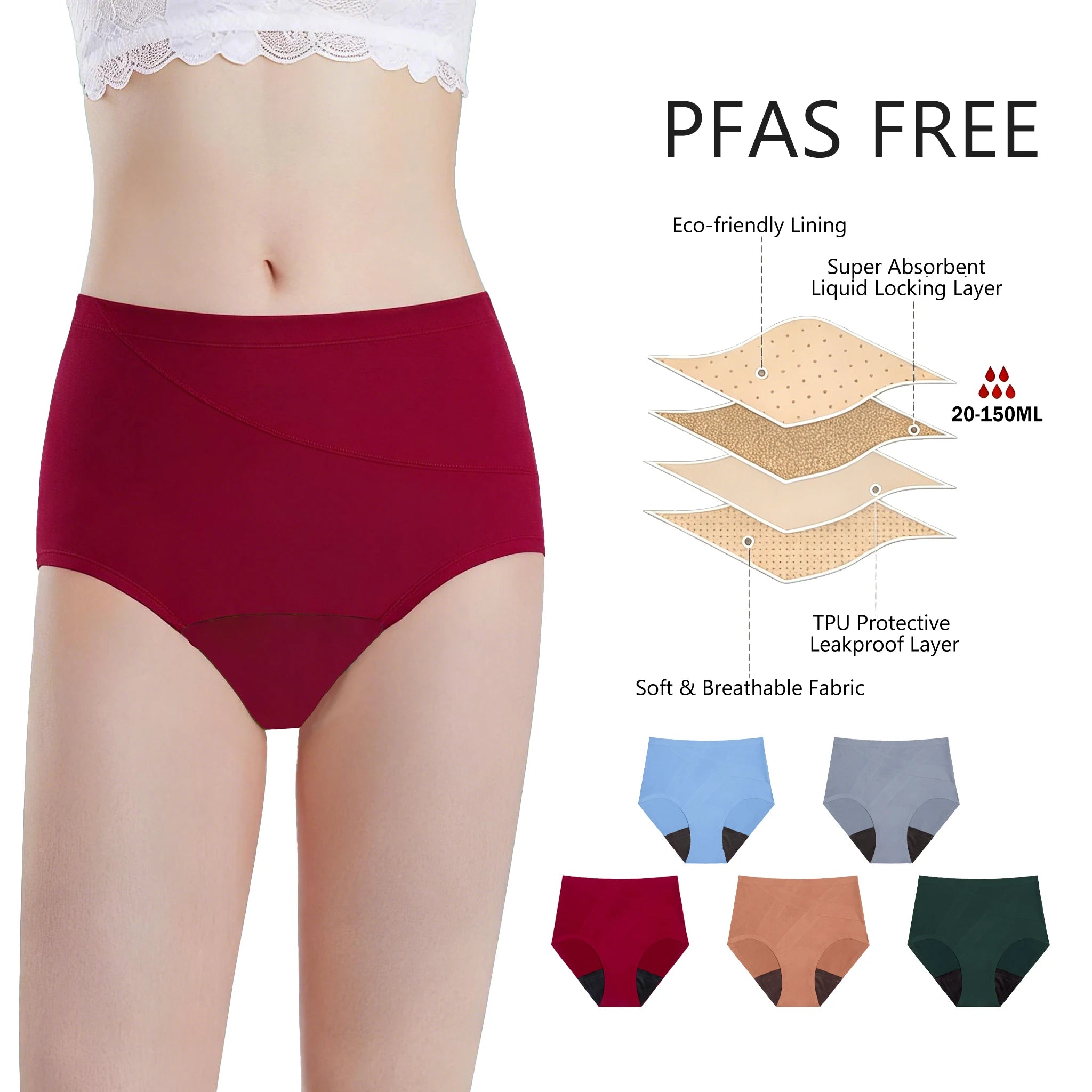 Shanhao OEM Reusable High Waist Menstrual Panties 5 Layers Postpartum Underwear Heavy Flow PFAS-free Period Panties for Women