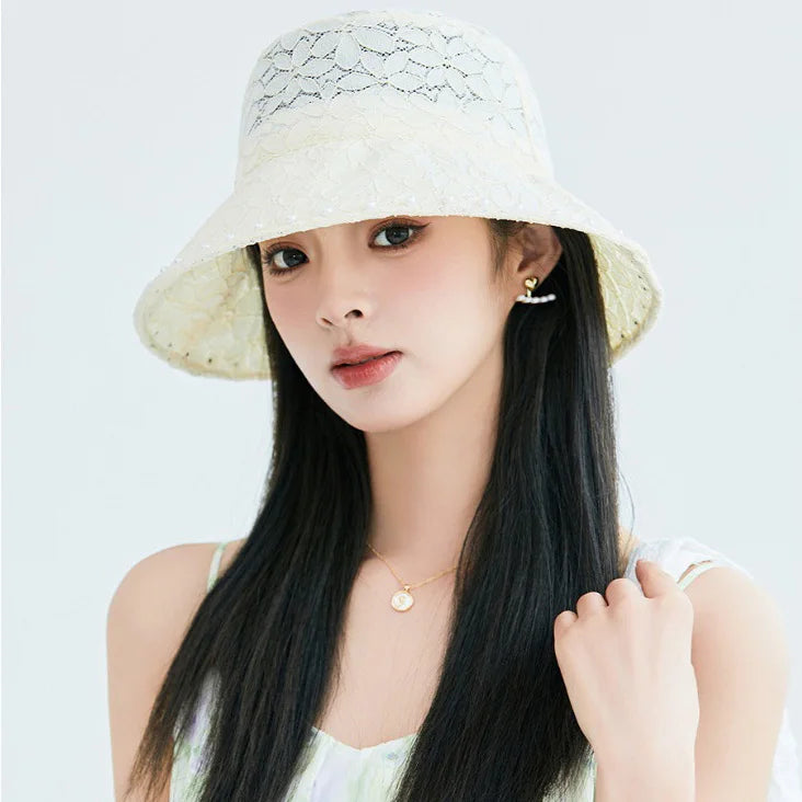 Chic Lace Fisherman Hat with Pearl Elegant Sun Hat Spring Summer New Arrival for Women