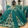Gold Lace Appliqued Customized Sweet 15 Princess Pageant Princess Ball Gown Vestidos Dark Green Quinceanera Dresses MQ716