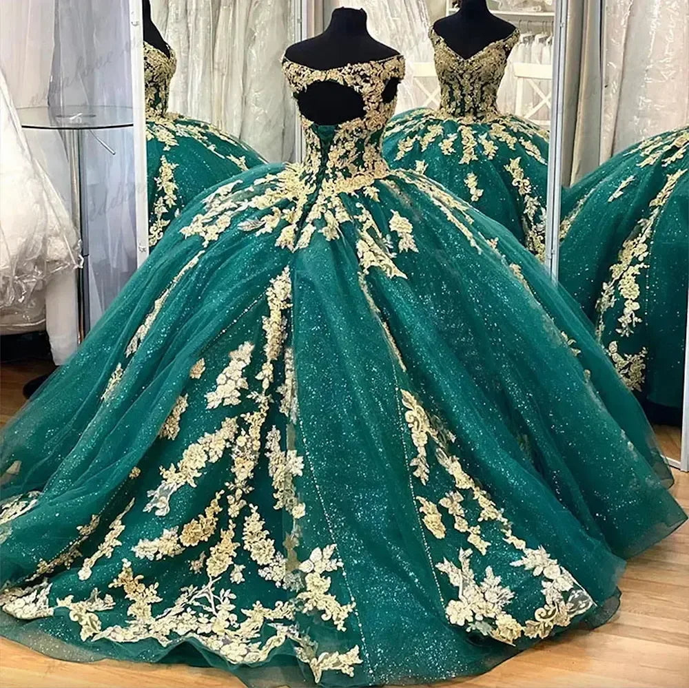 Gold Lace Appliqued Customized Sweet 15 Princess Pageant Princess Ball Gown Vestidos Dark Green Quinceanera Dresses MQ716