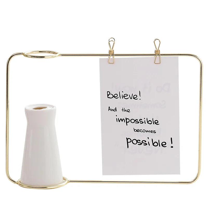 Metal Clip Geometric Wire Photo Frame for Desktop Matte Brass Photo Frame Desk Decor Flower Vase