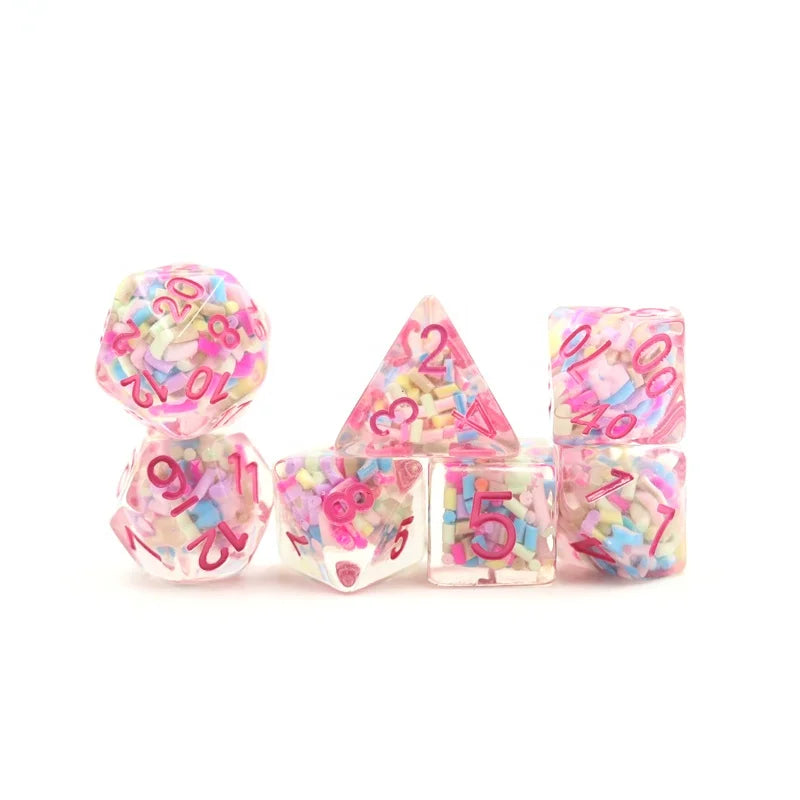 Dnd Polyhedral Custom Resin Rpg Sprinkle inside with pink ink Dice Set 16mm