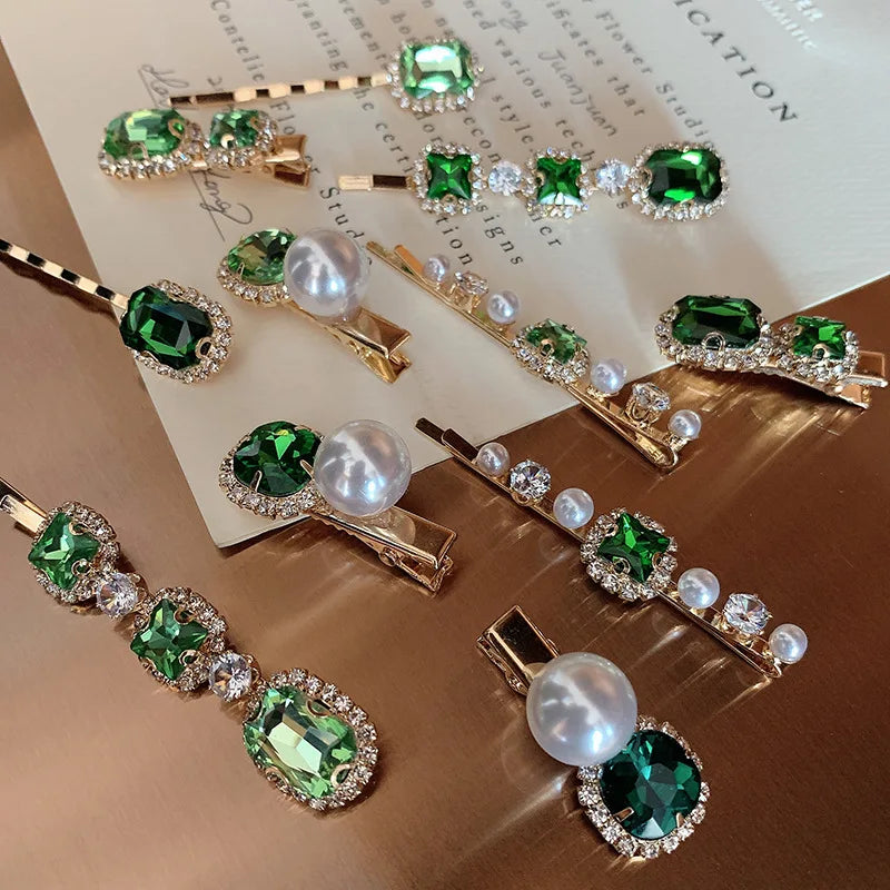 New Arrived French Women Hair Accessories Hair Clips Simply Retro Green Crystal Elegant Bobby Pins Hairgrips
