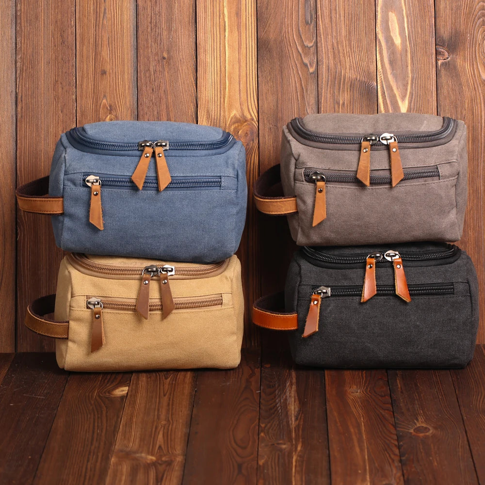 Hot Sale Vintage Style Washed Canvas Shaving Kit Bags Waterproof Zipper Closure Cosmetic Bag for Shower Use