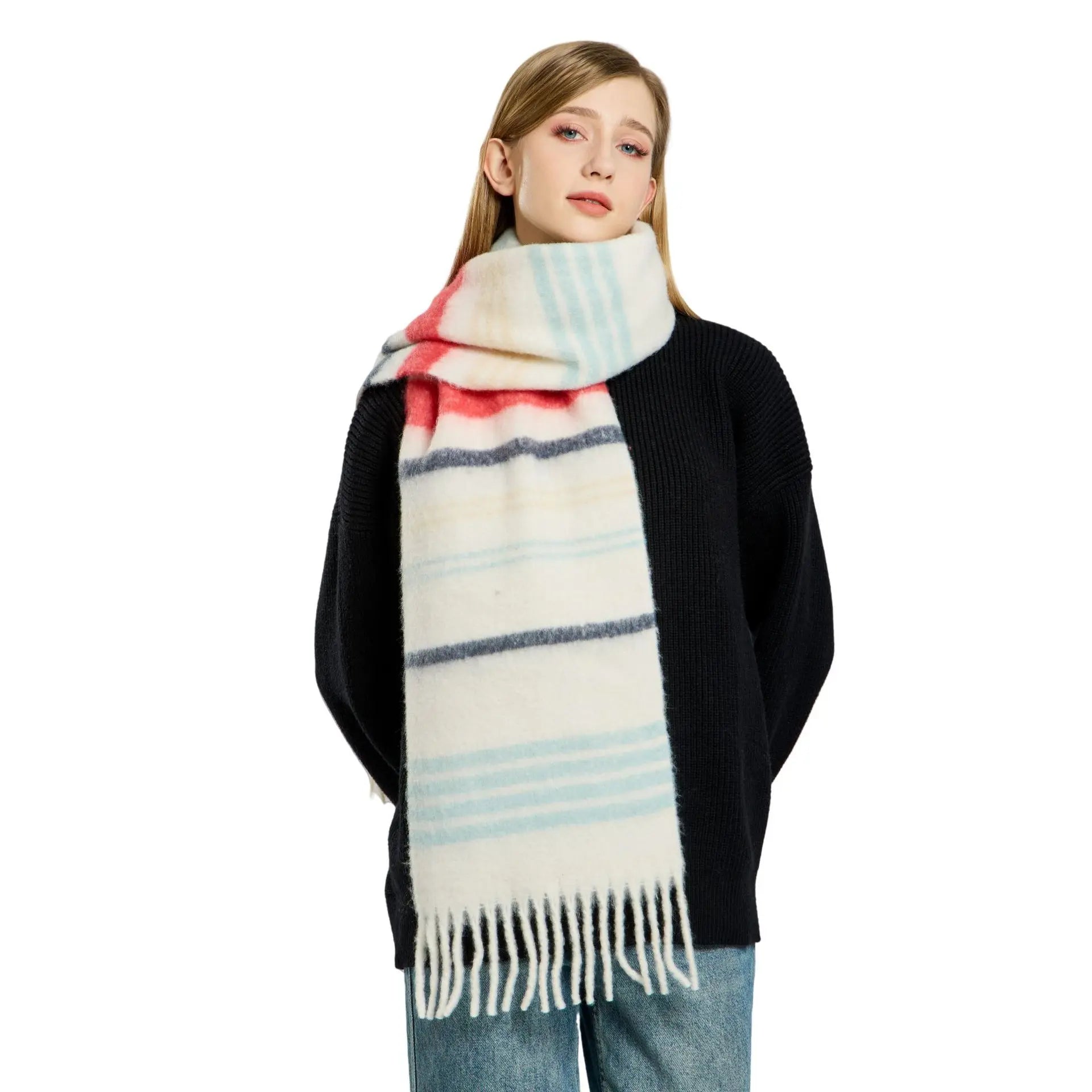 Women's All-Season Red Knitted Scarf Woolen Winter Shawl With Printed Pattern Long Style for Autumn and Winter