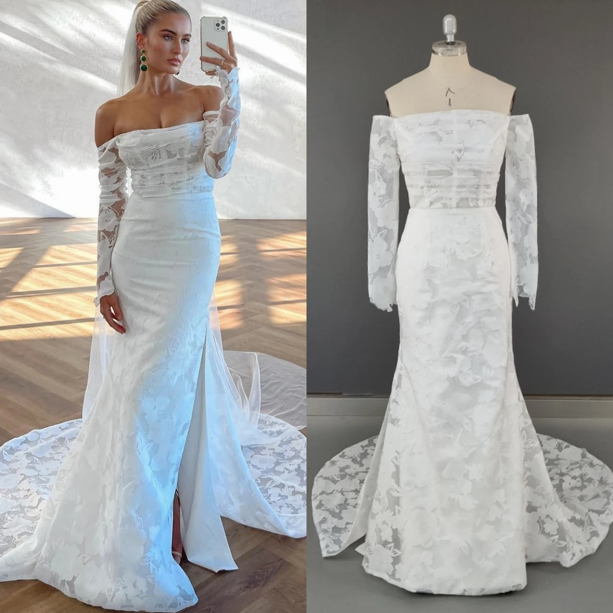 15404# Real Photos Off Shoulder Tulle Sweep Train Wedding Dress High Slit Bridal Gown Floral Lace Evening Prom Dress for Women