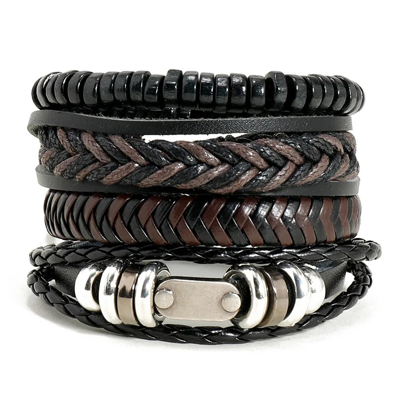 New Arrival Men's Jewelry Handmade Woven 5 Pcs/Set Fashion Wrap Bracelets Punk Rivet Style for Men and Women