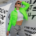 Neon Green Shinny Cropped Long Sleeve Women Bubble Winter Coat Puffer Jacket