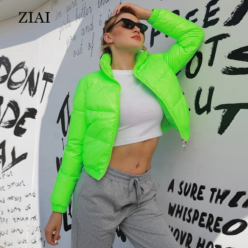 Neon Green Shinny Cropped Long Sleeve Women Bubble Winter Coat Puffer Jacket