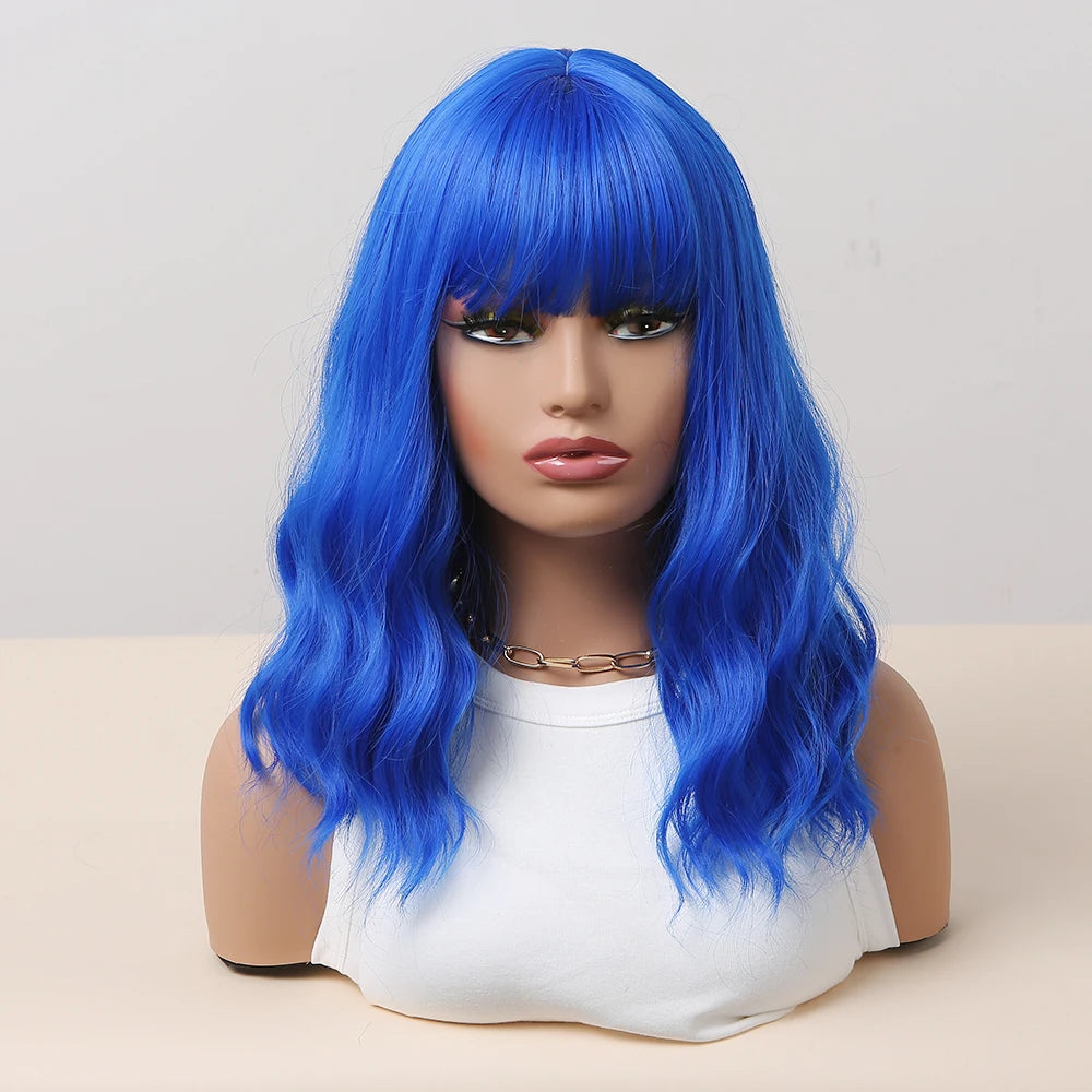 Factory Wholesale Prices Blue Synthetic Wigs Short BoBo Deep Curly Wig with Bangs for Women Hair Heat Resistant Fibre