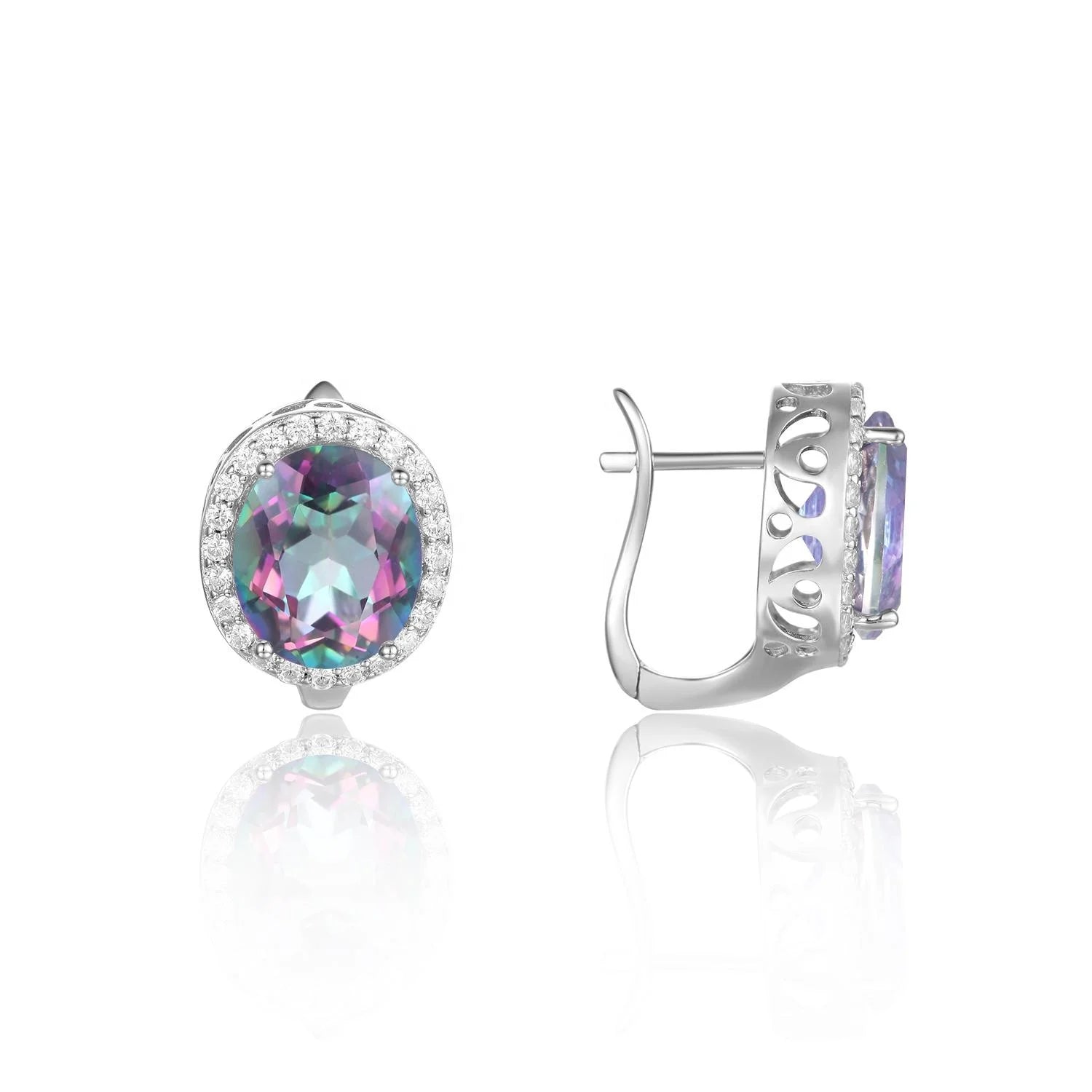 China Factory Fashion 925 Sterling Silver Jewelry Earring CZ Halo Natural Mystic Quartz Rainbow Earrings