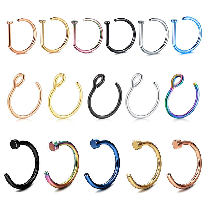 316L Surgical Steel Fake Nose Rings D/C-Shaped & Piercing Jewelry Non-Piercing Clip on Nose Hoop Labret Lip Stud for Men Women