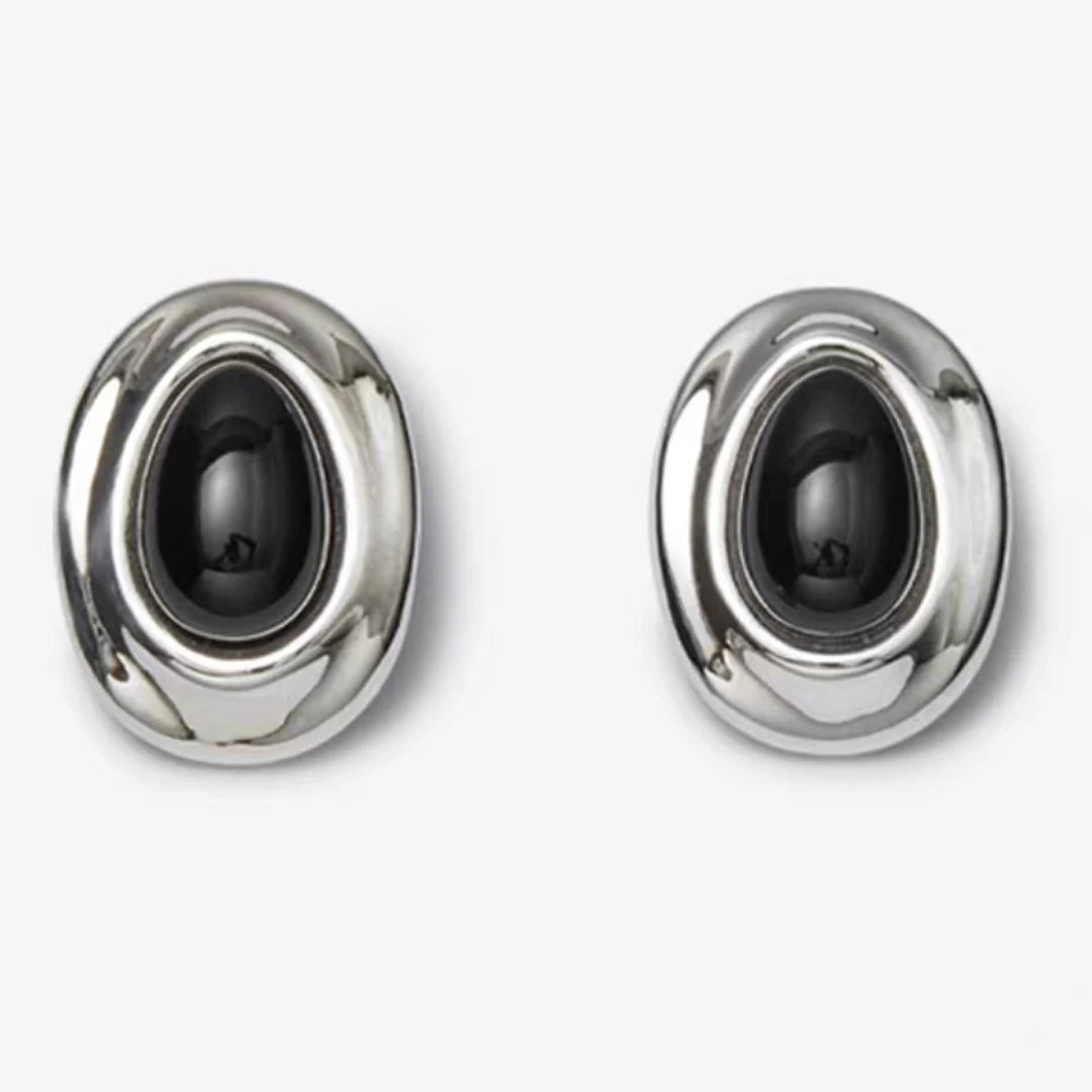 Fashion Retro Trendy Platinum Plated Brass Large Irregular Oval Black Onyx Stud Earrings Unisex Jewelry Gift