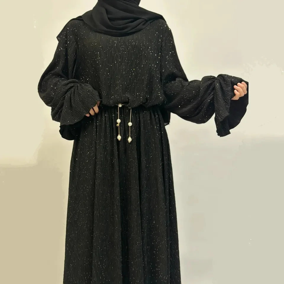 Wholesale New Ladies Ironless Pleated Dress Islamic Clothing Flare Sleeve Long Muslim Clothing Bling Sparkly Abaya