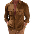 RNSHANGER Autumn Mens Corduroy Double Pocket Shirts Casual Solid Color Long Sleeve Button Shirt Streetwear Breathable Slim Shirt
