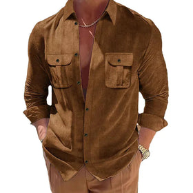 RNSHANGER Autumn Mens Corduroy Double Pocket Shirts Casual Solid Color Long Sleeve Button Shirt Streetwear Breathable Slim Shirt