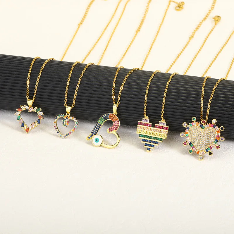 New Trendy Colorful Gemstone Zircon Heart Pendant Necklace  Jewelry for Wholesale Couple Gift