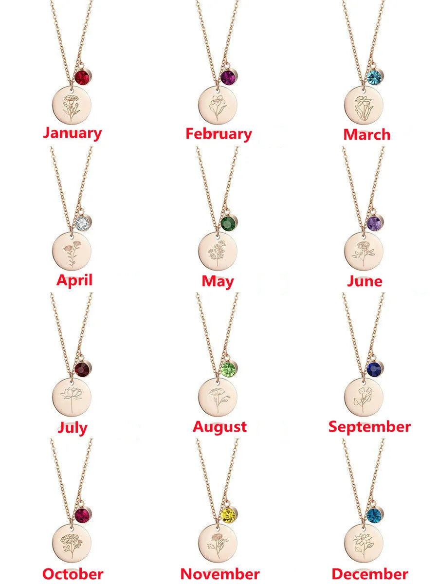 Custom Name Stainless Steel 12 Birth Flower Pendant Necklace Rose Gold Plated Birthstone Coins Necklace for Birthday Gift