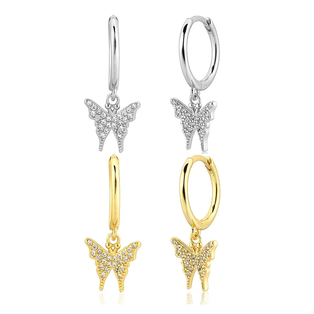 YHE0298 Minimalist Fashion 925 Sterling Silver Gold-Colored Zircon Butterfly Drop Earrings Party-Jewelry Gifts for Women Girls
