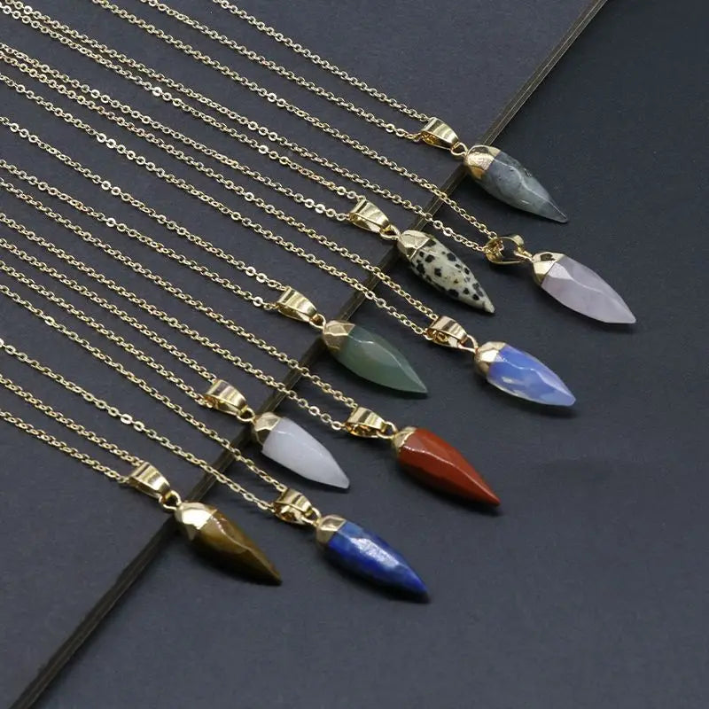 Classic Women Agate Stone Link Chain Necklace Natural Stone Crystal Bullet Pendant Necklace