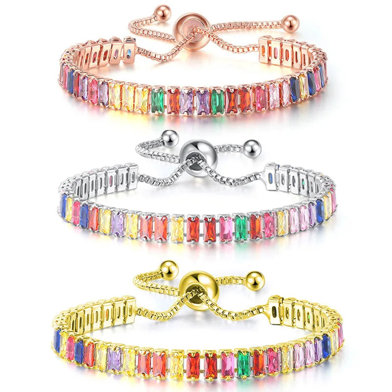 Fashion Silver 18k Real Gold Plated Adjustable Colorful Rainbow Cubic Zircon Tennis Chain Bracelet Jewelry for Woman