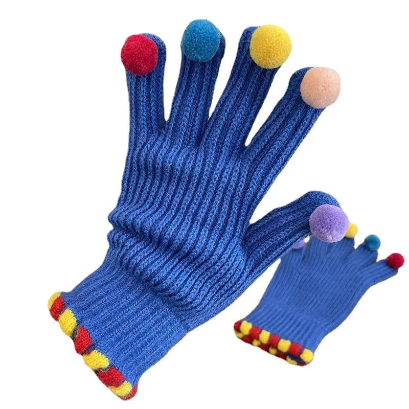 Custom logo Colorful Fur Ball Dew Finger Touch Screen Gloves Acrylic Knitted Winter  Student Gloves for Women