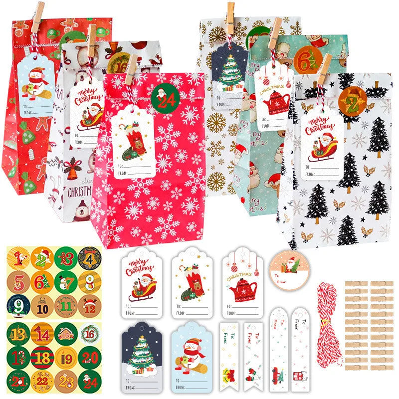 Christmas Advent Calendar Gift Bags with Wooden Clips & Stickers Tags DIY Crafts Paper Bags for Christmas Decorations
