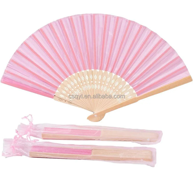 FAREA Pink Bamboo Handheld Folded Fan Imitated Silk Fabric Portable Pyramid Design for Wedding Party Favors Baby Shower Gifts
