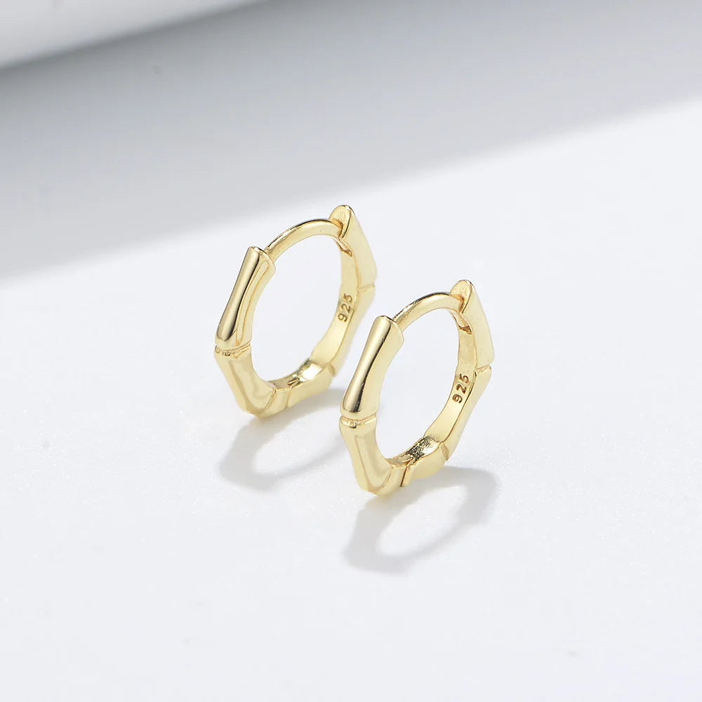 Minimalist Hoop Earrings 925 Sterling Silver 18k Gold Plated Bamboo Joints Huggie Earrings
