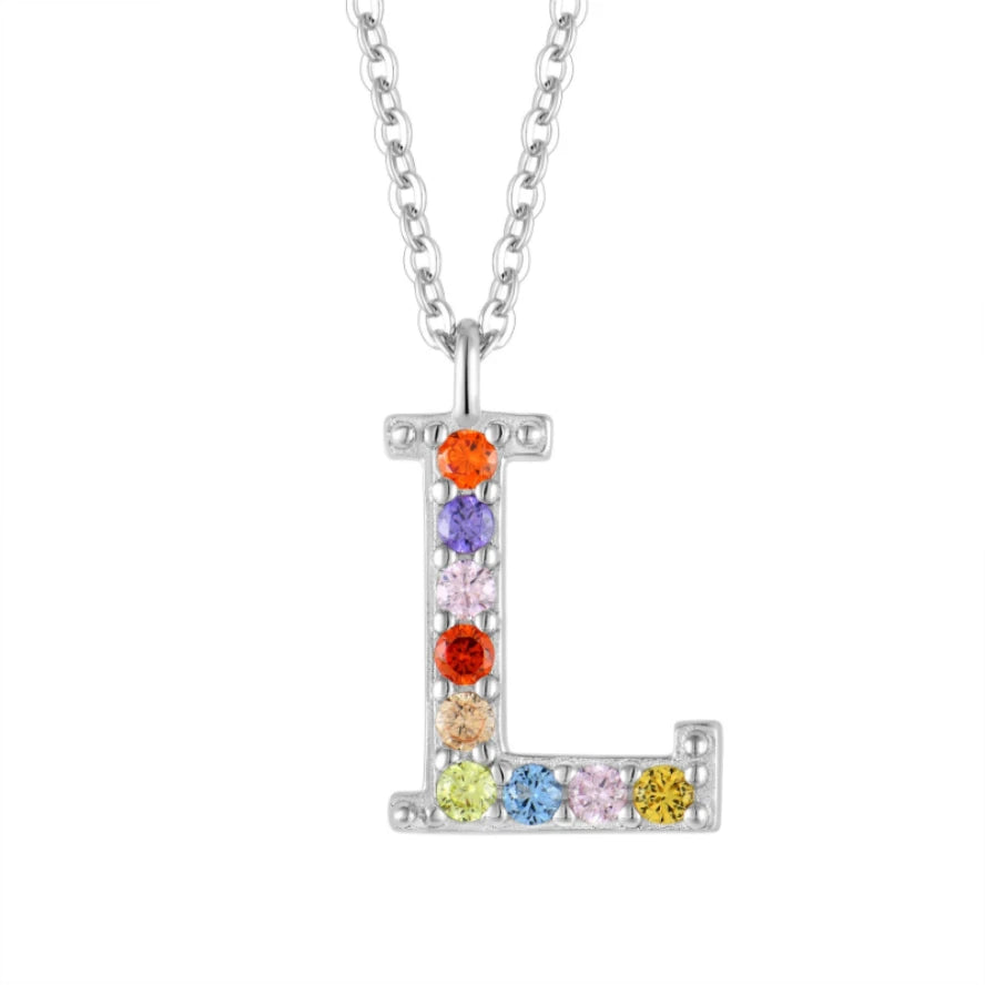 Wholesale Custom 925 Sterling Silver Rainbow CZ Letter L Fashion Pendant Necklaces