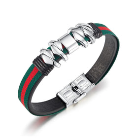 Wholesale Latest Design Fashion Jewelry Wholesale Vintage Stainless Steel Double Layer Colorful Leather Arm Bracelet Men