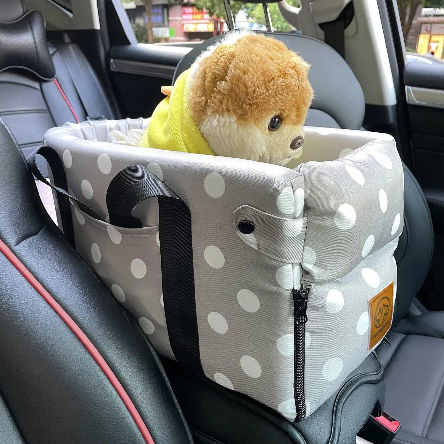 Dog Car Booster Seat Interactive Pet Carrier With Safety Buckle for Flip-top Armrest. Multi-Purpose Doggie Travel Bag
