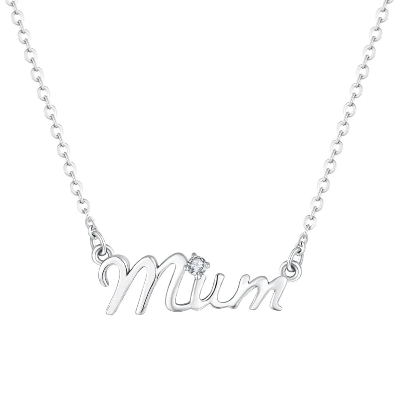 Elegant 925 Silver Mum Necklace with Zircon Accent - Sterling Silver Mothers Day Gift Cursive Pendant Jewelry for Mum