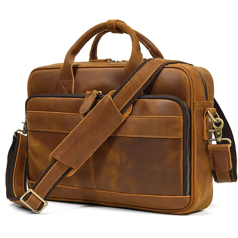 SCHLATUM Quality Large Capacity Crazy Horse Genuine Leather Men 15.6 Inch Office Business Computer Laptop Briefcase Bag
