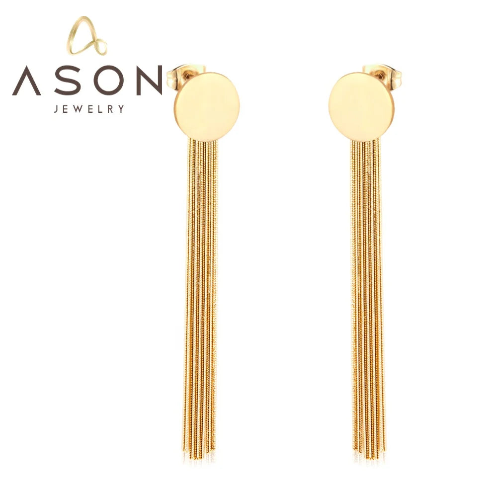 Ason Design Cheap Fashion Jewelry Circle Gold Plated Tassel Drop Earrings Stainless Steel Wedding Party Earrings for Women