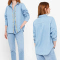 Embroidered Design at Placket and Shoulders Washed Curved Hem Long Sleeve Jean Shirts for Ladies Women'S Denim