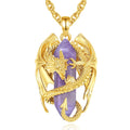 Dainty Gold Plated Flying Dragon Design Natural Gem Stone Jewelry Crystal Hexagonal Pointy Pendant Necklace for Men or Women MegaBDM