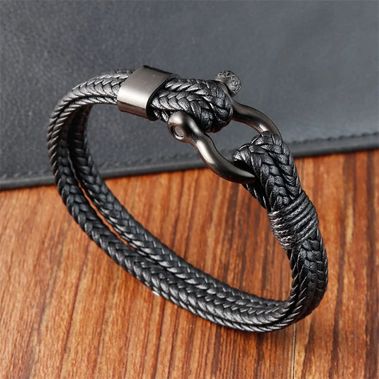 Fashion Braided Leather Wristband Stainless Steel Horseshoe Buckle Genuine Leather Bracelet for Men