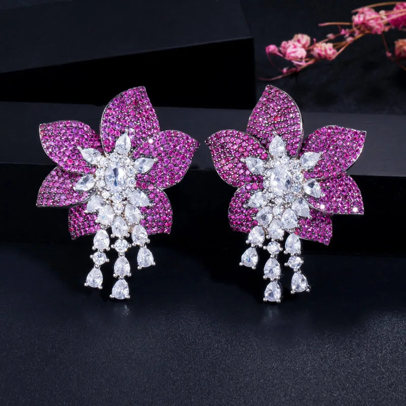 Geometric Design 2 Tones Rose Red Cubic Zircon Tassel Big Flower Shape Chunky Dangle Drop Party Earrings for Women Prom Jewelry
