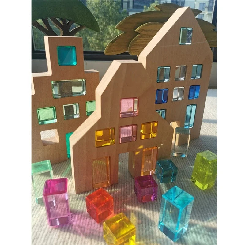 Large Beech Wood Dutch  House with High Clear  Lucite Cubes Acrylic Rectangle  Stacking Blocks for Kids Montessori Wooden Toys