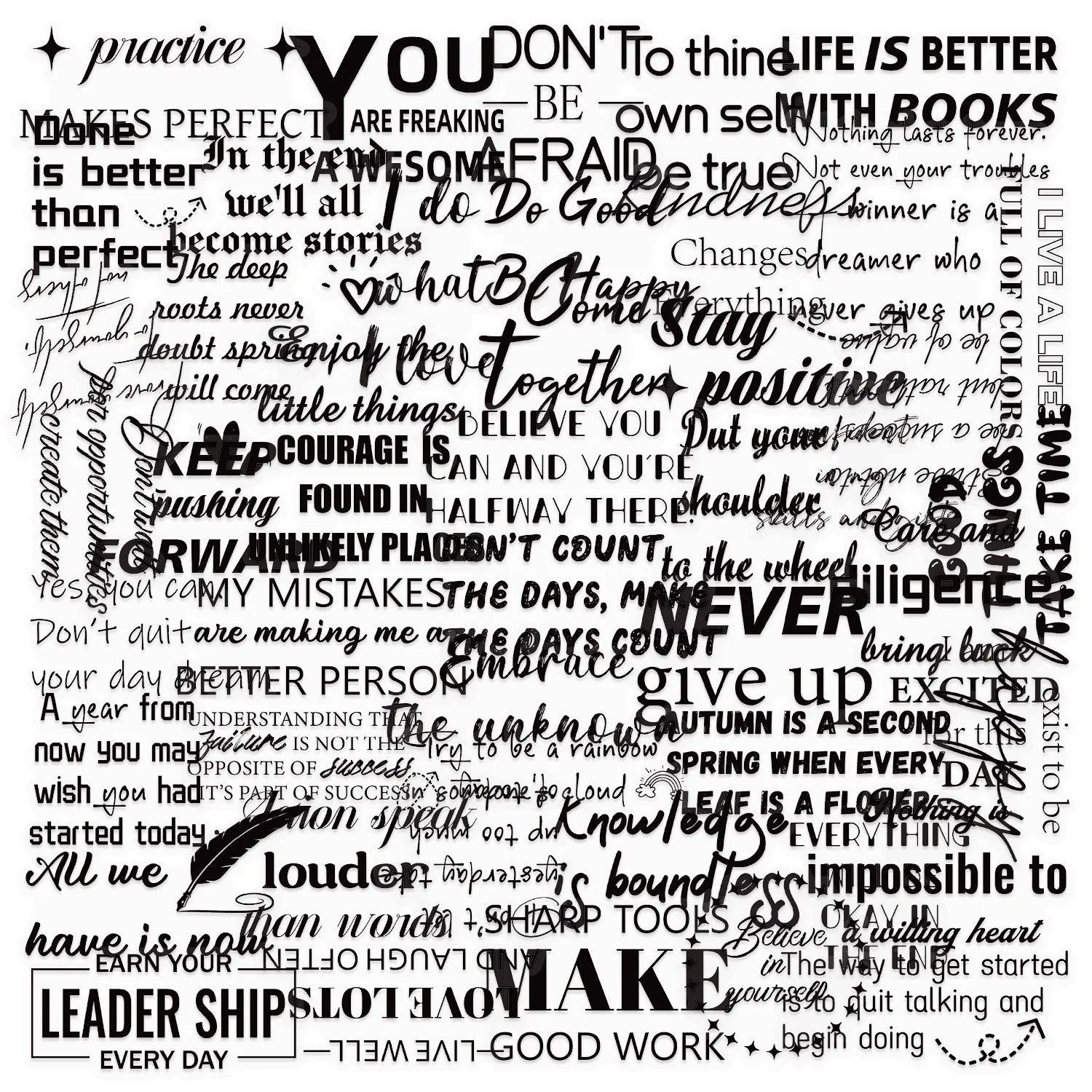 50PCS Transparent black and white inspirational saying positive phrase sticker