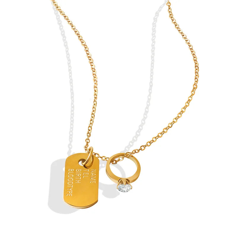 Wholesale Fashion Stainless Steel 18k Gold Plated Jewelry Zircon Circle Rings Letter Tags Pendant Necklace