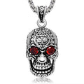 Antique Silver Plated Color Men Personalized 316l Stainless Steel Pendant Skull Necklace with Red Zircon Eye Jewelry