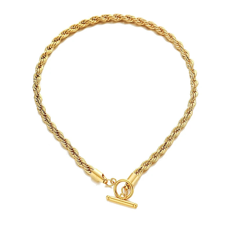 Non Tarnish 18K Gold Rope Chain Choker Necklace for Women Waterproof Stainless Steel Toggle Clasp 6mm Thick Rope Chain Necklace