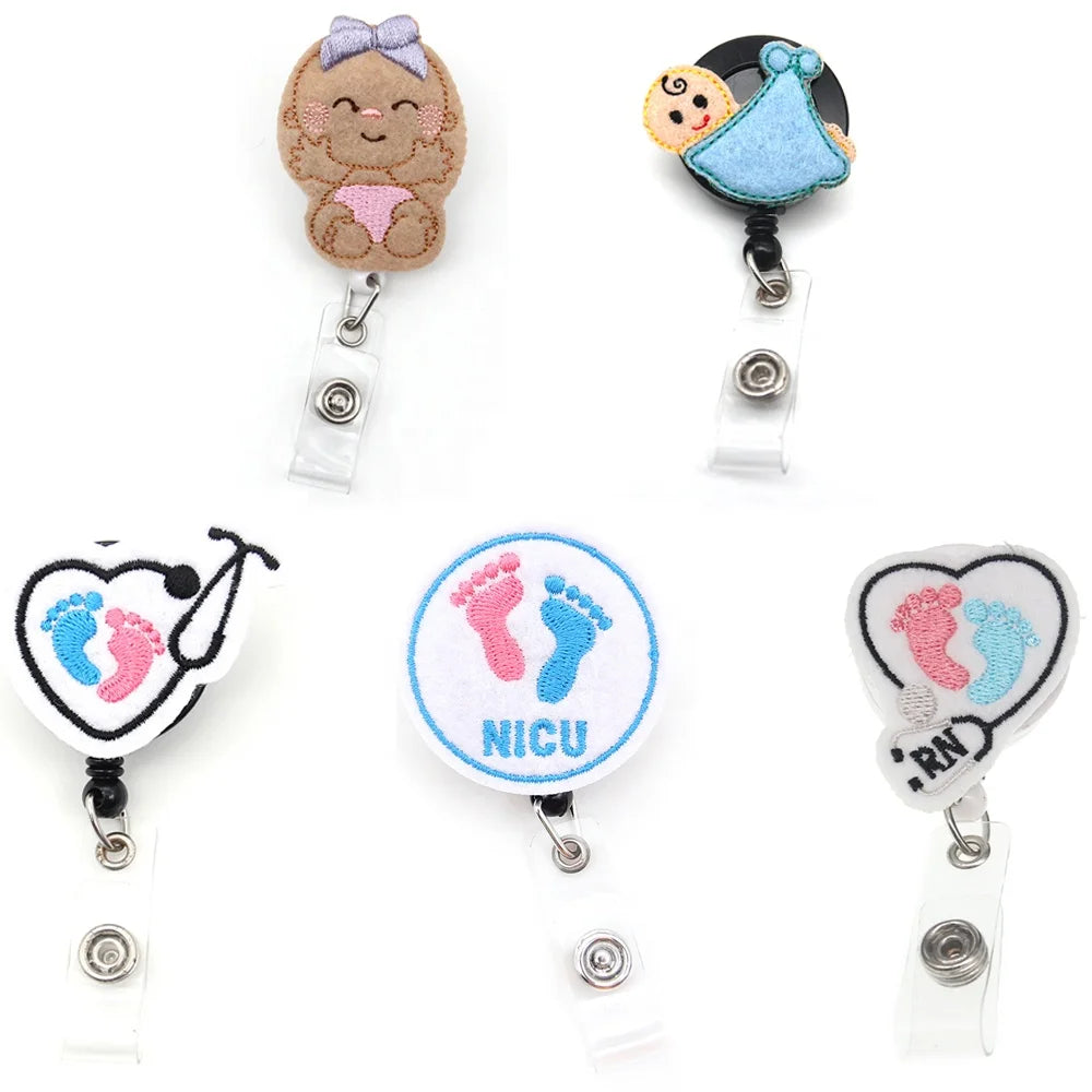 NICU Nurse Accessories Felt Office Supply Retractable Stethoscope & ID Badge Reel with Baby Footprints Badge Holder & Accessory