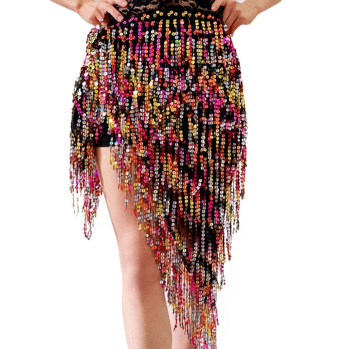 Multi Sequin Tassel Belly Dance Performance Training Tribal Style Hip Scarf Wrap Skirt for Women