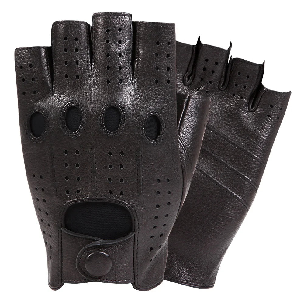 Mens Leather Reverse Stitched Fingerless Half-Finger Driving Motorcycle Gloves for Daily Cycling Travel